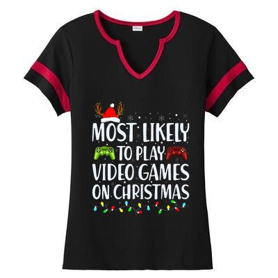 Most Likely To Play Video Game On Christmas Santa Gaming  Ladies Halftime Notch Neck Tee