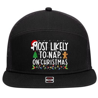 Most Likely To Nap On Christmas Funny Family Christmas 7 Panel Mesh Trucker Snapback Hat