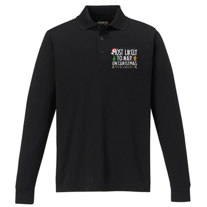 Most Likely To Nap On Christmas Funny Family Christmas Performance Long Sleeve Polo