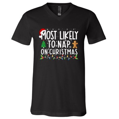 Most Likely To Nap On Christmas Funny Family Christmas V-Neck T-Shirt