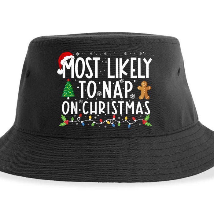 Most Likely To Nap On Christmas Funny Family Christmas Sustainable Bucket Hat