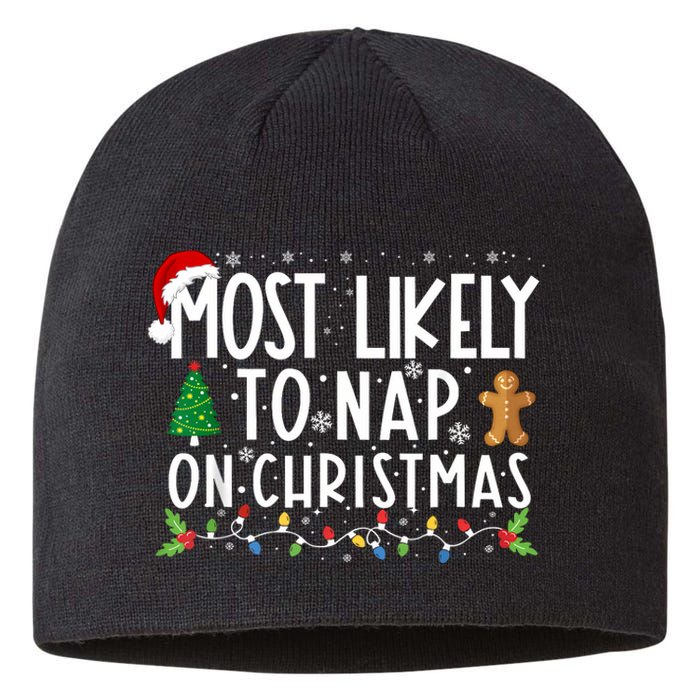 Most Likely To Nap On Christmas Funny Family Christmas Sustainable Beanie