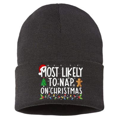 Most Likely To Nap On Christmas Funny Family Christmas Sustainable Knit Beanie