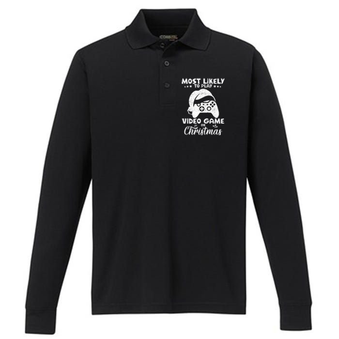 Most Likely To Play Video Games On Christmas Funny Gamer  Performance Long Sleeve Polo