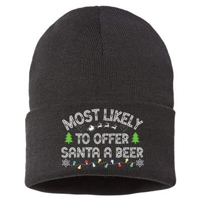 Most Likely To Offer Santa A Beer Funny Drinking Christmas Sustainable Knit Beanie