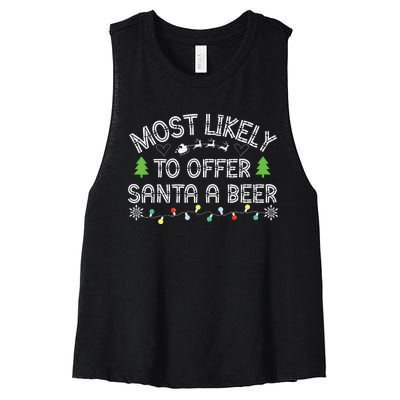 Most Likely To Offer Santa A Beer Funny Drinking Christmas Women's Racerback Cropped Tank