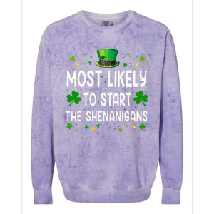 Most Likely To Start The Shenanigans Funny St Patricks Day Colorblast Crewneck Sweatshirt