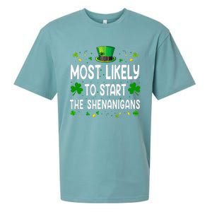 Most Likely To Start The Shenanigans Funny St Patricks Day Sueded Cloud Jersey T-Shirt