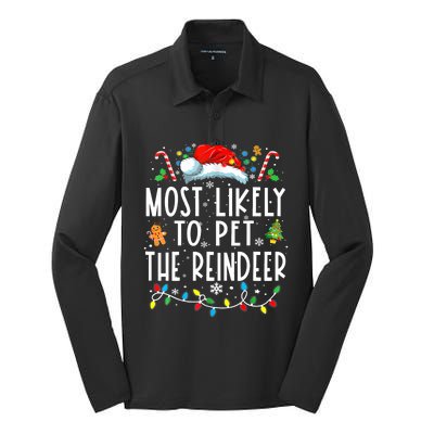 Most Likely To Pet The Reindeer Funny Christmas Pajamas Silk Touch Performance Long Sleeve Polo