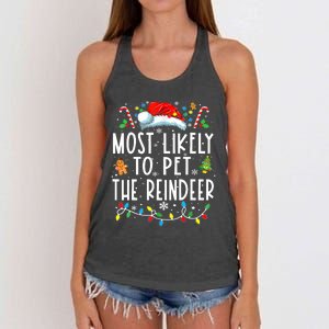 Most Likely To Pet The Reindeer Funny Christmas Pajamas Women's Knotted Racerback Tank