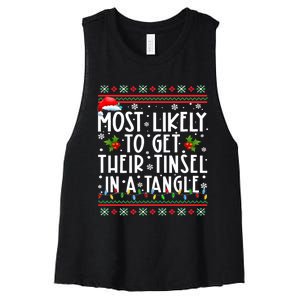 Most Likely To Get Their Tinsel In A Tangle Christmas Lights Women's Racerback Cropped Tank