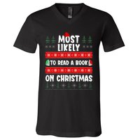 Most Likely To Read A Book On Christmas Matching Family  V-Neck T-Shirt