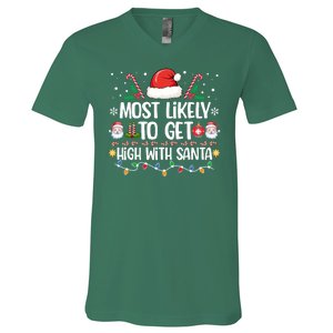 Most Likely To Get High With Santa Family Christmas Pajama V-Neck T-Shirt