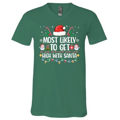 Most Likely To Get High With Santa Family Christmas Pajama V-Neck T-Shirt