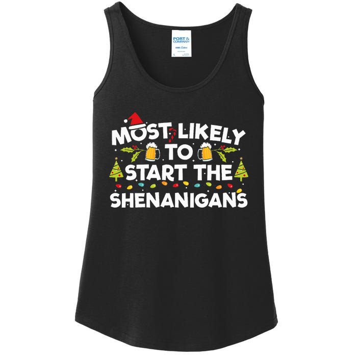 Most Likely To Start The Shenanigans Funny Family Christmas Ladies Essential Tank