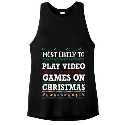 Most Likely to play video games Ugly Christmas Sweater  Ladies PosiCharge Tri-Blend Wicking Tank
