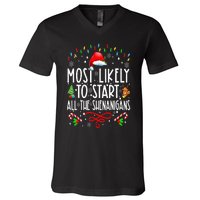 Most Likely To Start All The Shenanigans Family Xmas Holiday V-Neck T-Shirt