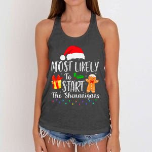 Most Likely To Start The Shenanigans Funny Family Christmas Women's Knotted Racerback Tank