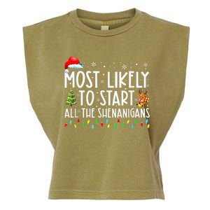 Most Likely To Start All The Shenanigans Family Xmas Holiday Garment-Dyed Women's Muscle Tee