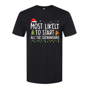 Most Likely To Start All The Shenanigans Family Xmas Holiday Softstyle CVC T-Shirt