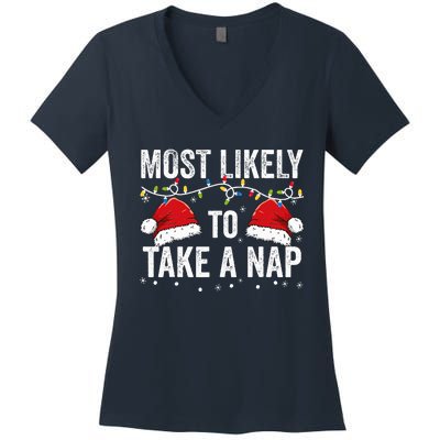 Most Likely To Take A Nap Matching Christmas For Family Women's V-Neck T-Shirt