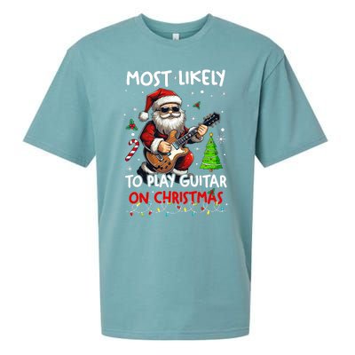 Most Likely To Play Guitar With Santa Matching Christmas Sueded Cloud Jersey T-Shirt