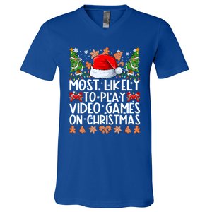 Most Likely To Play Video Games On Christmas Family Pajamas V-Neck T-Shirt