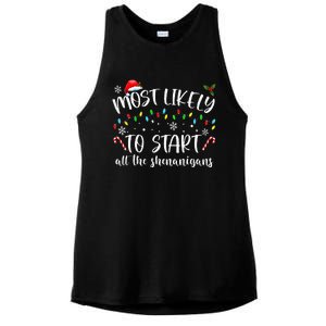 Most Likely To Start All The Shenanigans Family Xmas Holiday Ladies PosiCharge Tri-Blend Wicking Tank