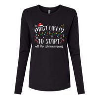 Most Likely To Start All The Shenanigans Family Xmas Holiday Womens Cotton Relaxed Long Sleeve T-Shirt