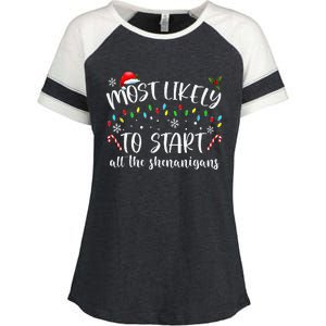 Most Likely To Start All The Shenanigans Family Xmas Holiday Enza Ladies Jersey Colorblock Tee