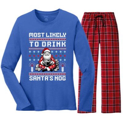 Most Likely To Santas Nog Funny Ugly Christmas Design Gift Women's Long Sleeve Flannel Pajama Set 