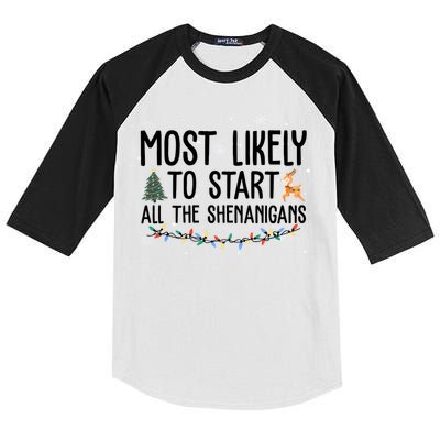 Most Likely To Start All The Shenanigans Funny Christmas Kids Colorblock Raglan Jersey
