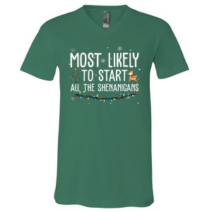 Most Likely To Start All The Shenanigans Funny Christmas V-Neck T-Shirt