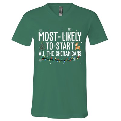 Most Likely To Start All The Shenanigans Funny Christmas V-Neck T-Shirt