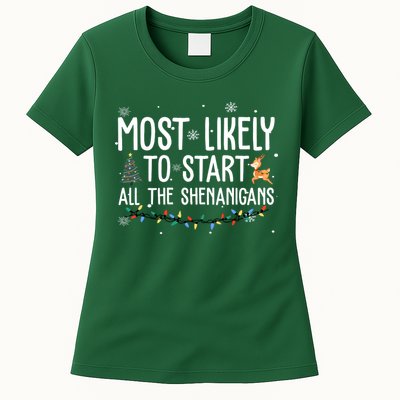 Most Likely To Start All The Shenanigans Funny Christmas Womens T-Shirt