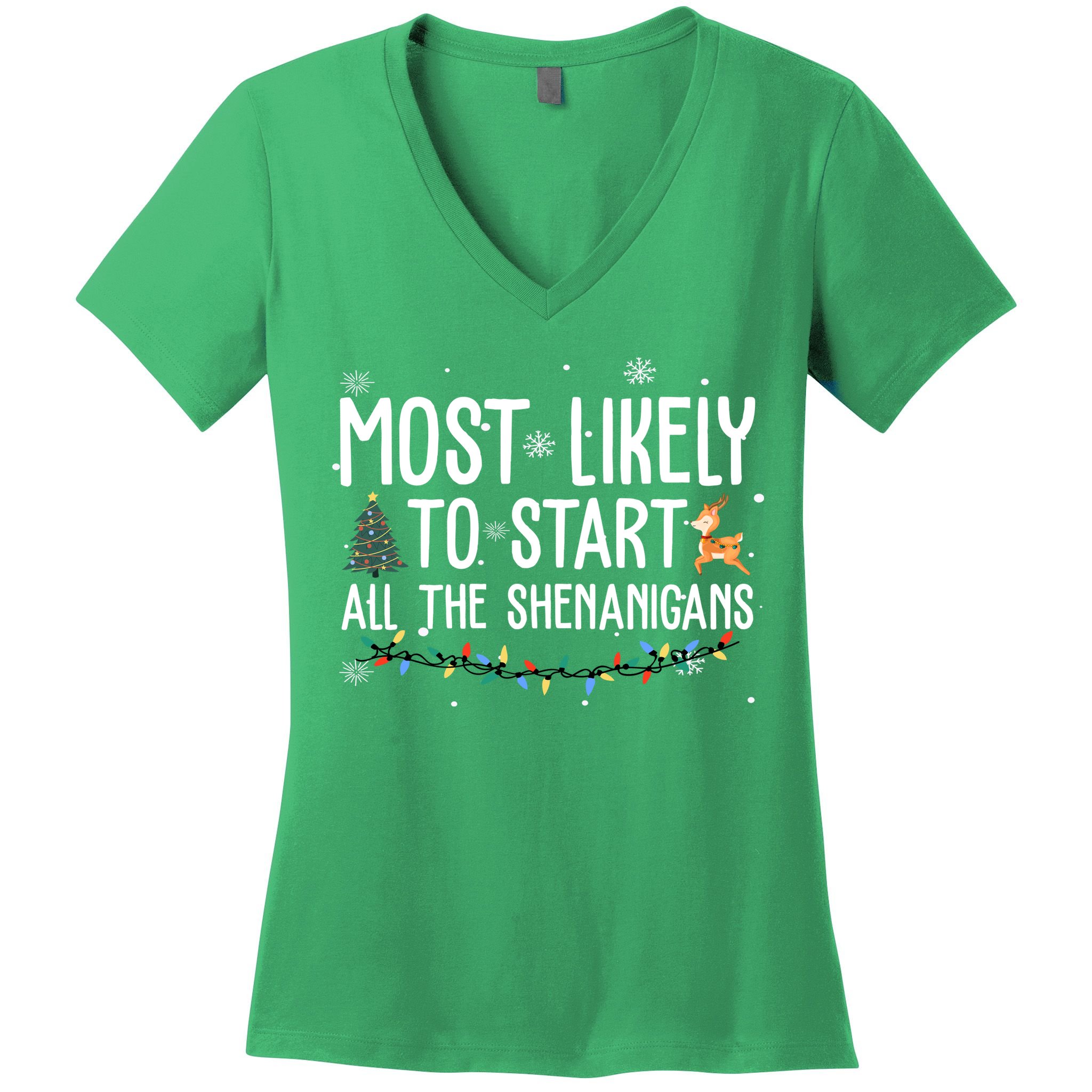 Most Likely To Start All The Shenanigans Funny Christmas Women's V-Neck T-Shirt