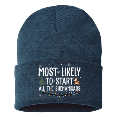 Most Likely To Start All The Shenanigans Funny Christmas Sustainable Knit Beanie