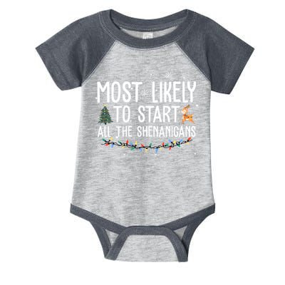 Most Likely To Start All The Shenanigans Funny Christmas Infant Baby Jersey Bodysuit