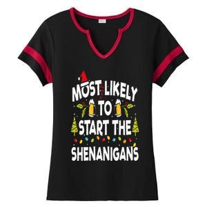 Most Likely To Start The Shenanigans Funny Family Christmas Ladies Halftime Notch Neck Tee