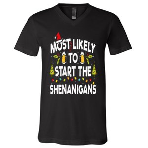 Most Likely To Start The Shenanigans Funny Family Christmas V-Neck T-Shirt