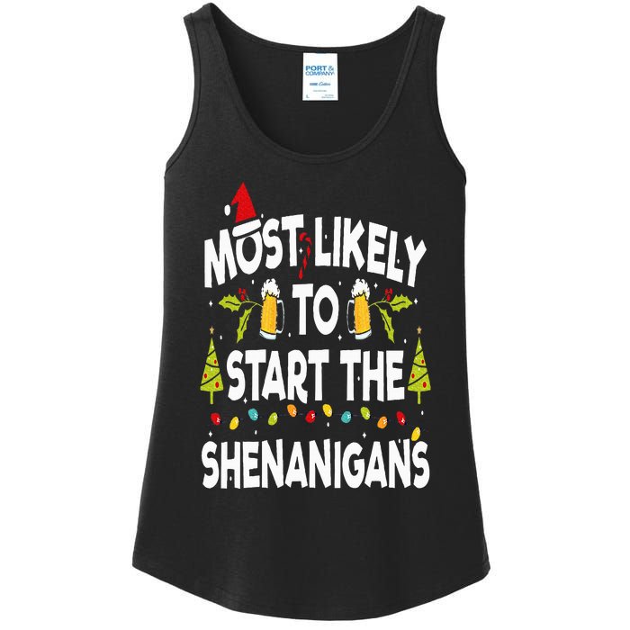 Most Likely To Start The Shenanigans Funny Family Christmas Ladies Essential Tank