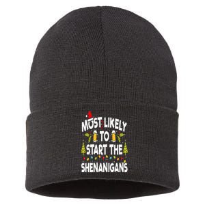 Most Likely To Start The Shenanigans Funny Family Christmas Sustainable Knit Beanie