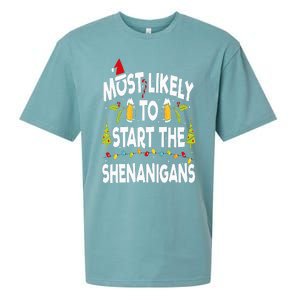 Most Likely To Start The Shenanigans Funny Family Christmas Sueded Cloud Jersey T-Shirt