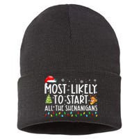 Most Likely To Start The Shenanigans Christmas Family Xma Sustainable Knit Beanie