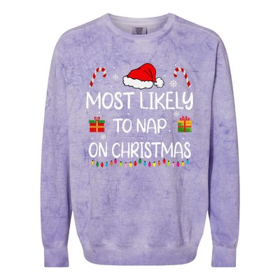 Most Likely To Nap On Christmas Family Funny Matching Colorblast Crewneck Sweatshirt