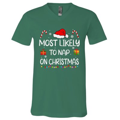 Most Likely To Nap On Christmas Family Funny Matching V-Neck T-Shirt