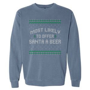 Most Likely To Offer Santa A Beer Ugly Christmas Shirts For Family Garment-Dyed Sweatshirt