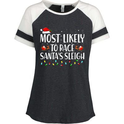 Most Likely To Race Santa's Sleigh Family Christmas Pajamas Enza Ladies Jersey Colorblock Tee