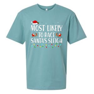 Most Likely To Race Santa's Sleigh Family Christmas Pajamas Sueded Cloud Jersey T-Shirt