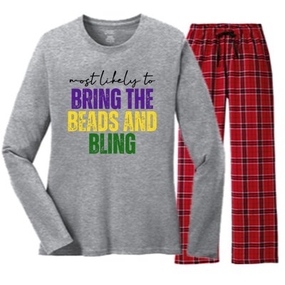 Most Likely To Bring The Beads And Bling Mardi Gras Women's Long Sleeve Flannel Pajama Set 